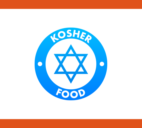 "Blue kosher certification symbol with Star of David and the words 'Kosher Food' on a white background with orange borders."