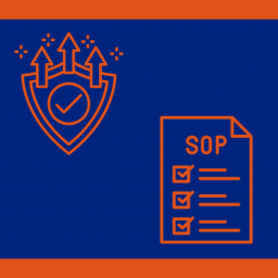 Illustration of a checklist labeled enhanced SOP next to an upward-pointing shield icon symbolizing improvement and reliability.