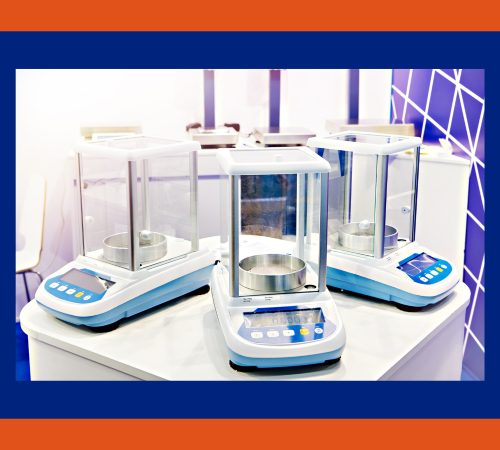 Three digital analytical balances in a laboratory setting used for food product testing