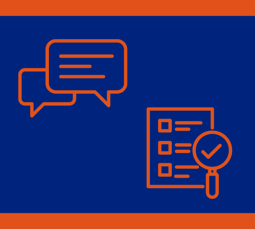 Conversation bubbles and checklist icon representing discussion and assessment on a dark blue and orange background.