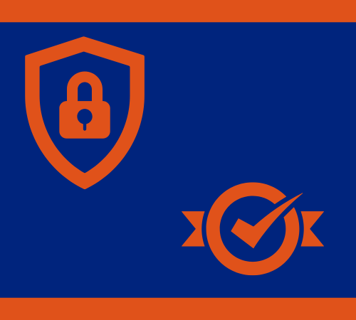 Shield icon with lock and certification badge representing cybersecurity compliance and CMMC 2.0 certification.
