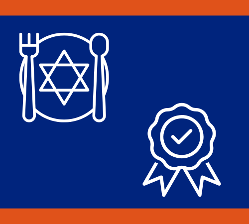 Kosher certification icon with Star of David on a plate next to a food quality checkmark ribbon on a blue and orange background