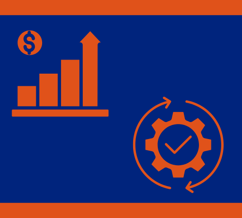 Bar chart with upward arrow and dollar sign representing ROI, alongside a gear with a checkmark and circular arrows symbolizing process validation and efficiency.